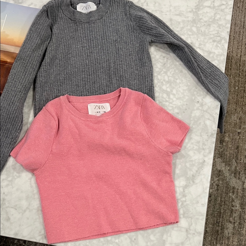 Zara Kids Pink Short Sleeve Knit size 9/10y and  Gray Ribbed Long Sleeve 13/14y